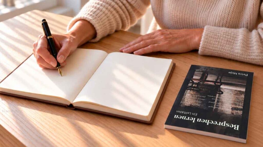 Eine Person setzt einen Stift auf ein offenes, noch leeres Notizbuch. Daneben liegt Petra Mojes Buch „Besprechen lernen. Ein Leitfaden“.