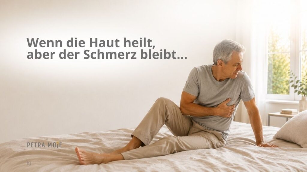 Mann sitzt mit Schmerzen nach Gürtelrose auf einem Bett und hält sich den Brustkorb, während er nachdenklich aus dem Fenster blickt.