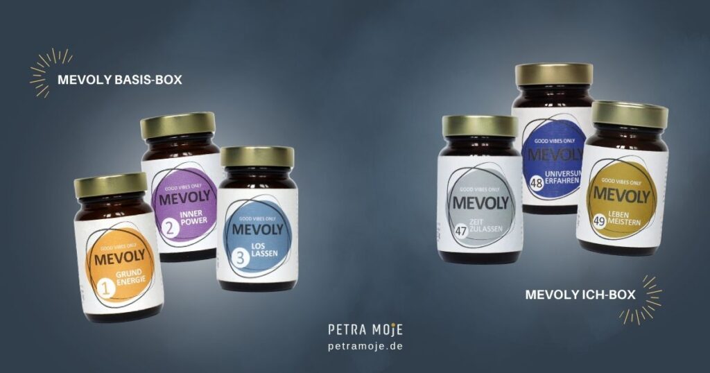 MEVOLY BASIS-BOX und MEVOLY ICH-BOX auf dunkelblauem Hintergrund. 