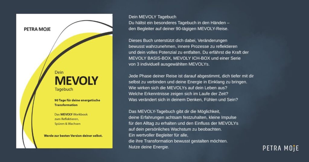 MEVOLY-Tagebuch Cover und Text vom Buchrücken.