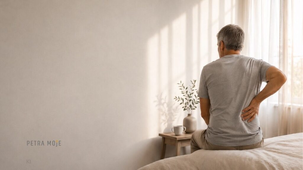 Mann sitzt nachdenklich auf einem Bett und hält sich wegen anhaltender Nervenschmerzen nach Gürtelrose die schmerzende Körperseite.