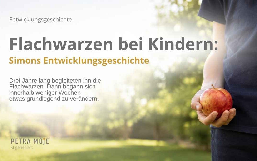 Apfel in der Hand eines Jungen, dessen Körper nur bedingt am Rand des Bildes zu sehen ist. Blogbeitrag Flachwarzen bei Kindern