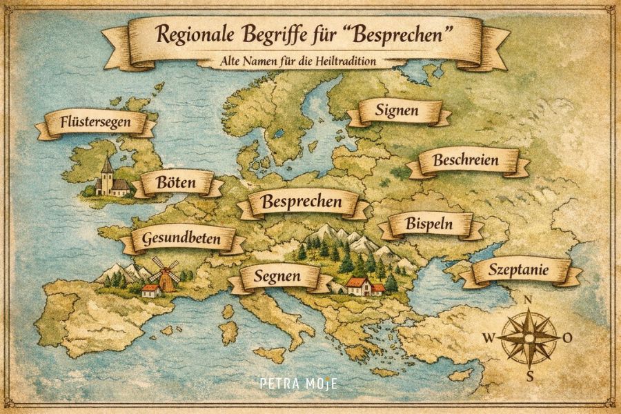 Regionale Begriffe für Besprechen in Europa wie Böten, Bispeln, Beschreien und Gesundbeten