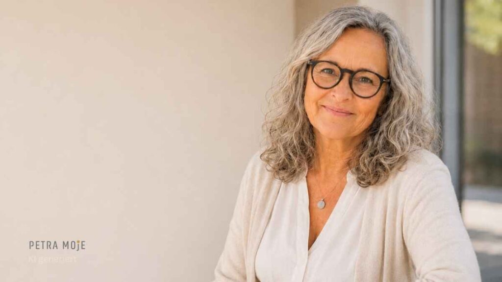 Petra Moje sitzend, leicht lächelnd. Blogbeitrag: Inneren Ruhe finden 