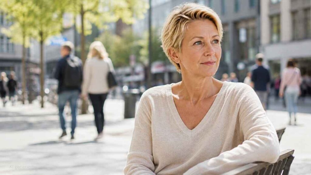 Frau sitzt auf der Bank, urban. Bild aus dem Blog "Inneren Frieden finden" von Petra Moje