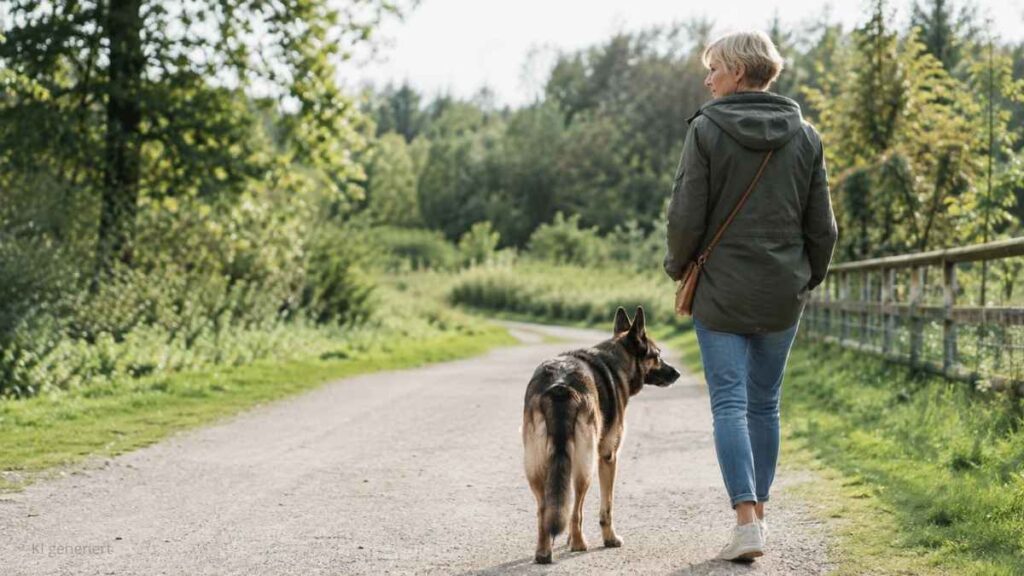 Frau geht mit ihrem Hund spazieren. 