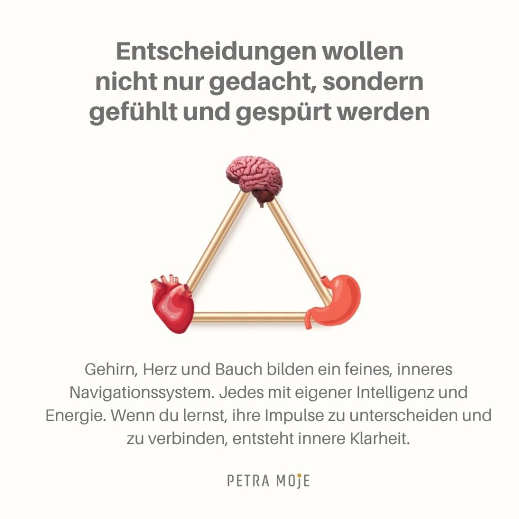 Entscheidungen mit Gehirn, Herz und Bauch treffen – Zitatbild von Petra Moje über intuitive Klarheit mit innerem Navigationssystem.