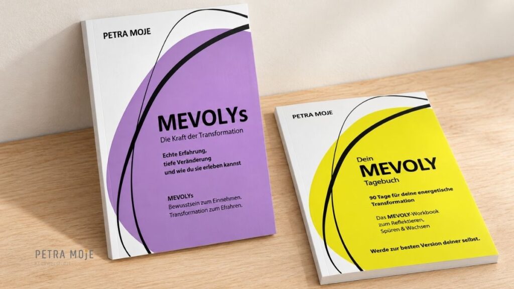Die Bücher „MEVOLYs – Die Kraft der Transformation“ und „Dein MEVOLY-Tagebuch“ von Petra Moje nebeneinander auf einer hellen Holzoberfläche.