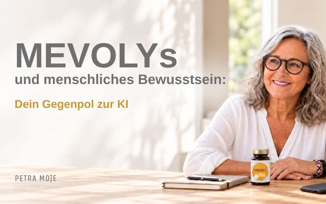 Petra Moje sitzt an einem hellen Tisch mit einem MEVOLY-Glas und einem Notizbuch. Ein Bild zum Thema menschliches Bewusstsein.