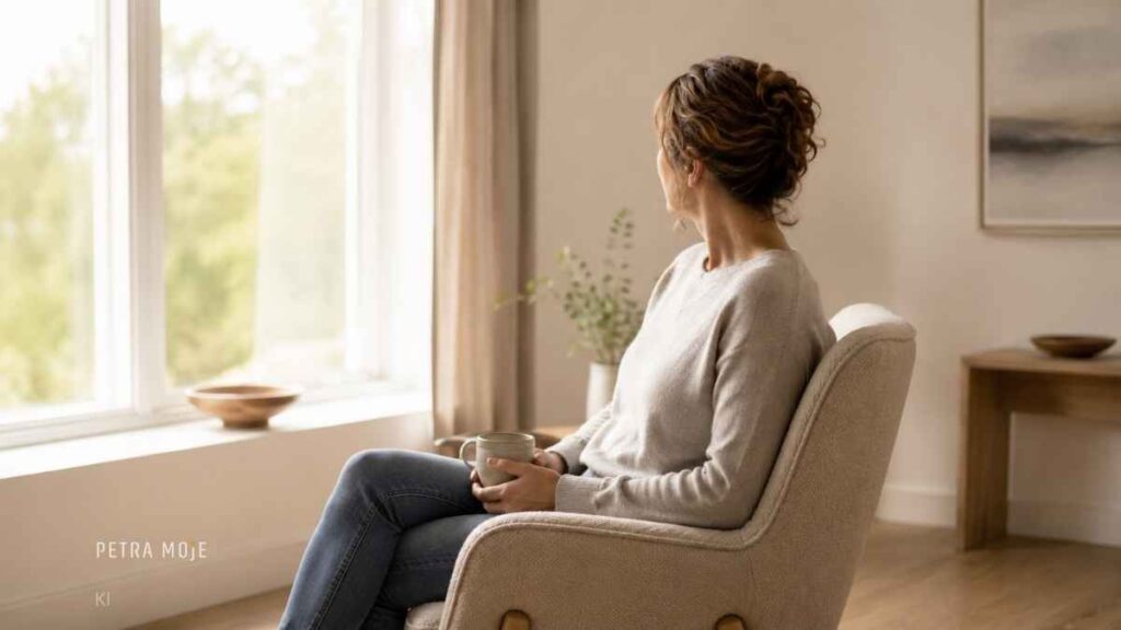 Frau sitzt mit einer Tasse am Fenster und nimmt nach Jahren des ständigen Kümmerns wieder Raum in ihrem eigenen Leben ein.