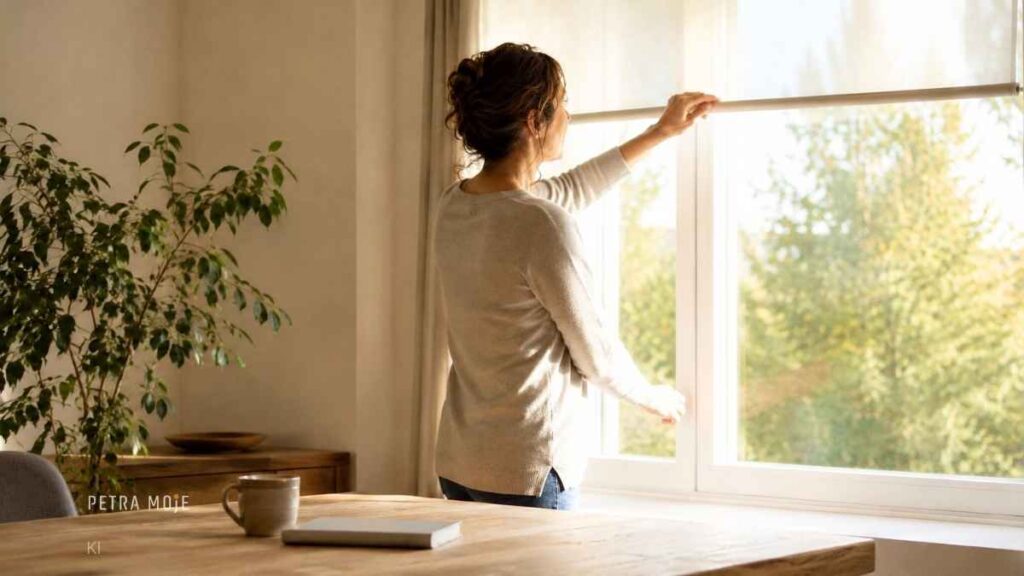 Frau zieht ein helles Rollo am Fenster hoch – Sinnbild dafür, sich selbst nicht länger zu verlieren und die eigenen Bedürfnisse wieder wahrzunehmen.